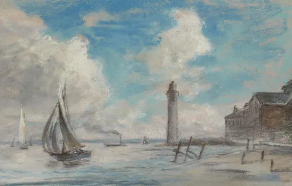 Sea, figure, sail, Eugene Boudin, Eugene Boudin, Honfleur. Seaside. The lighthouse and the Ship