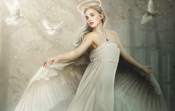 Girl, Dove, Blonde, Angel, Style, Girl, Dress, Wings