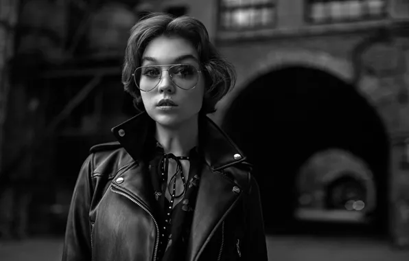 Girl, b/W, glasses, monochrome, kozhanka, George Chernyadev, Olga Pushkina, Georgy Chernyadyev