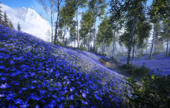 Forest, snow, landscape, flowers, mountains, fog, rendering, glade