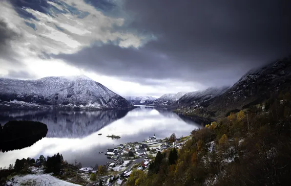 Clouds, snow, trees, mountains, river, street, storm, village