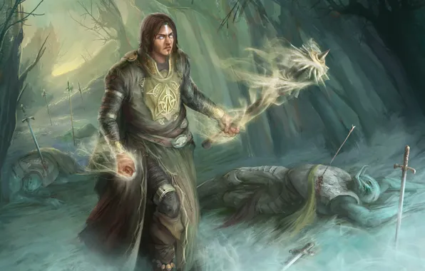 Picture forest, light, weapons, magic, armor, Warrior, corpses