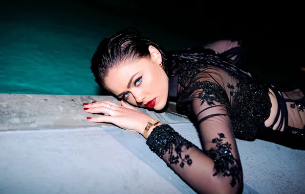 Picture look, girl, model, pool, blue-eyed, red lips, Kristina Bazan, Kristina Bazan