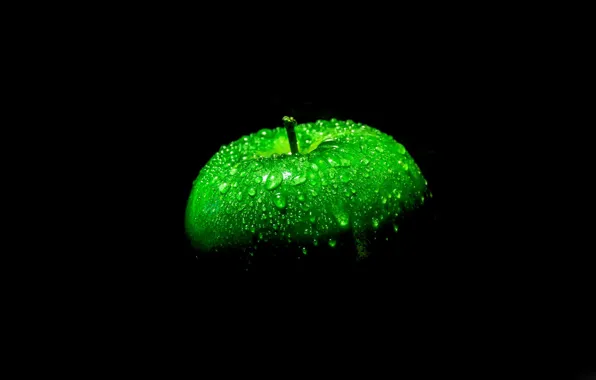 Apple, black background, green