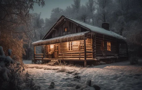 Winter, forest, light, snow, trees, night, nature, comfort