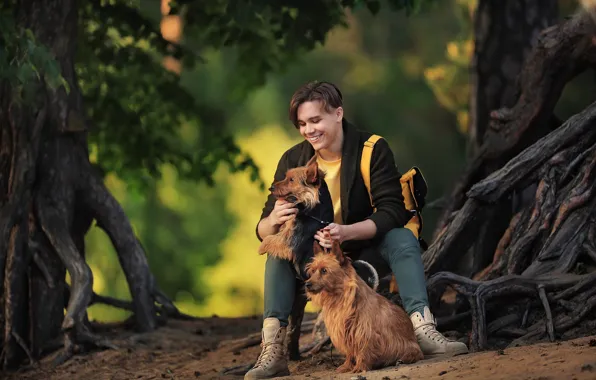 Dogs, trees, smile, boy, guy, Anastasia Barmina