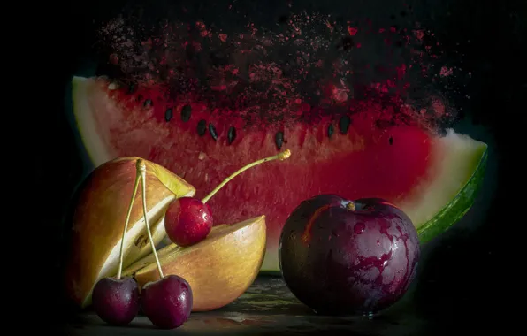 Apples, watermelon, fruit, still life, cherry