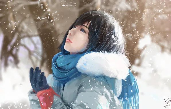 Picture winter, girl, snow, nature, art, by xichechen