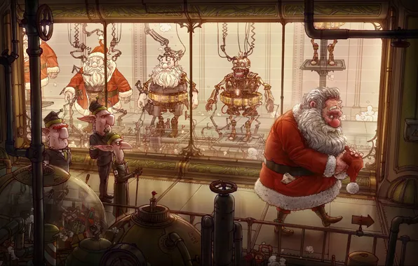 Plant, elf, mechanism, robot, conveyor, art, evil, Santa Claus