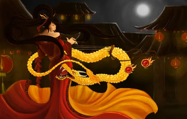 Look, girl, music, dragon, Japan, art, kimono, league of legends