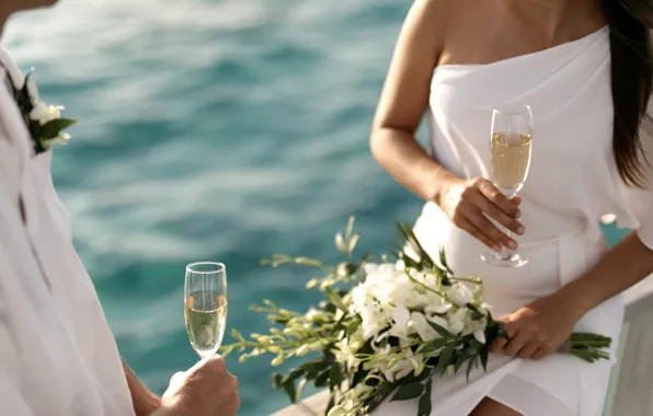 Picture Flowers, Two, Champagne, Closeup, Champagne, Crystal clear lagoon, Loved-up couple, Maldivian sunset