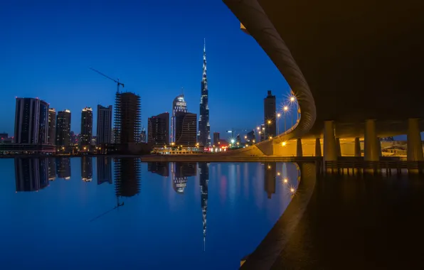 The sky, night, bridge, the city, lights, reflection, blue, shore