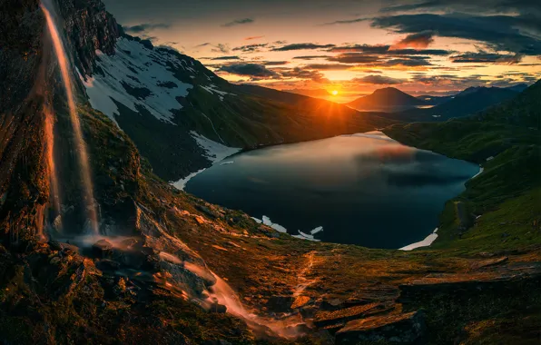 Sunset, Sunrise, Mountains, Norway, Northern, Lake