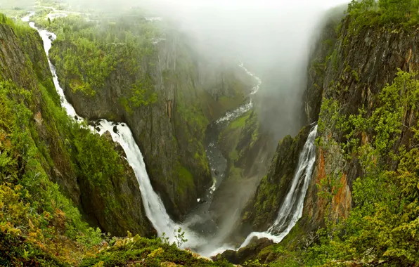 Trees, mountains, fog, river, rocks, waterfall, stream, Norway