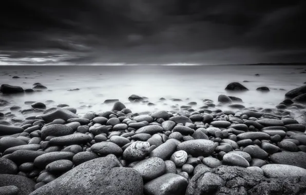Stones, shore, Beach, black and white photo, Raglan, Waikato