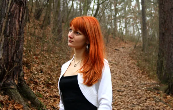 Autumn, forest, girl, mood, red, brooding
