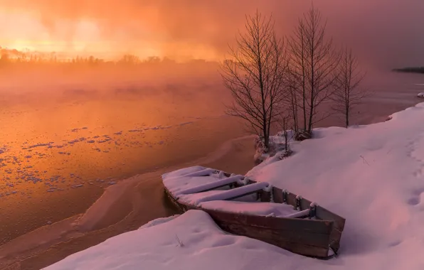 Winter, snow, sunset, shore, boat, pond