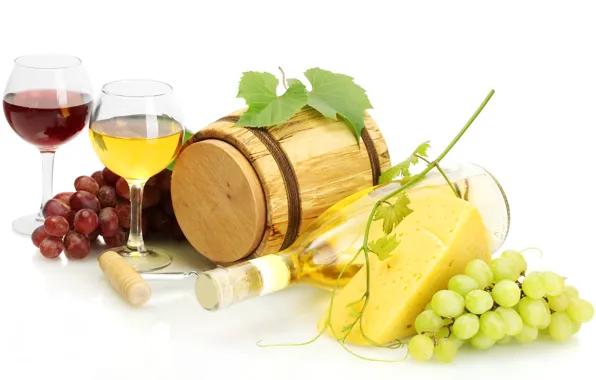 Picture wine, red, white, bottle, cheese, glasses, grapes, corkscrew