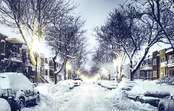 Picture winter, road, snow, machine, the city, street, home, the evening