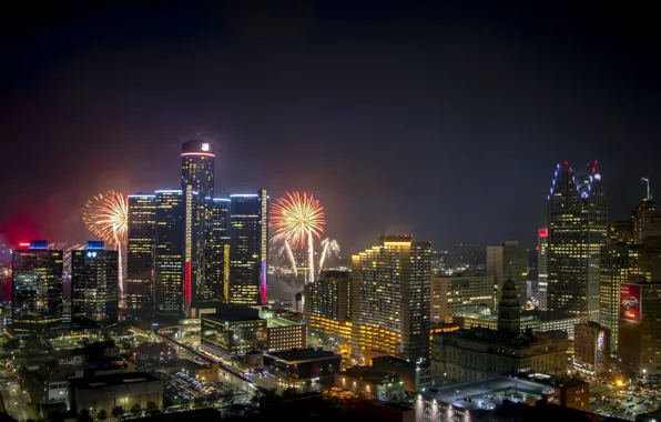 Night, lights, holiday, fireworks, Detroit
