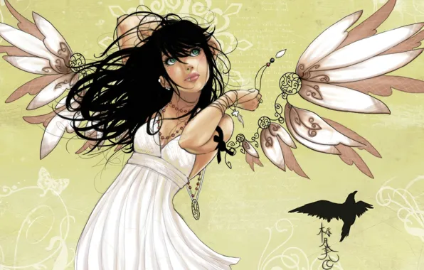 Girl, decoration, bird, wings, angel, piercing, characters
