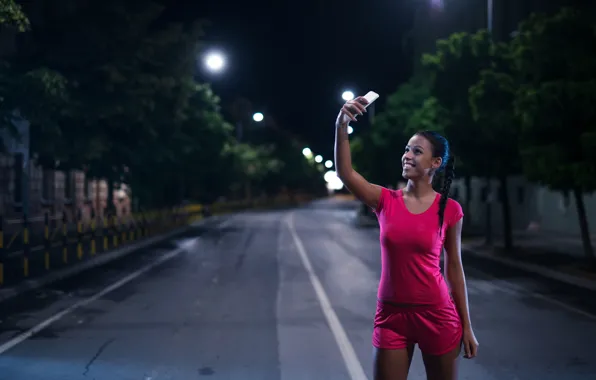 Girl, trees, night, lights, pose, smile, street, shorts