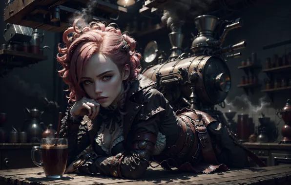 Machine, girl, fantasy, steampunk, AI art, neural network