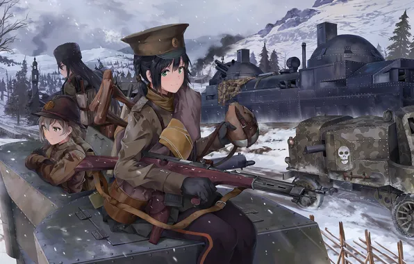 Winter, girl, weapons, soldiers, tank