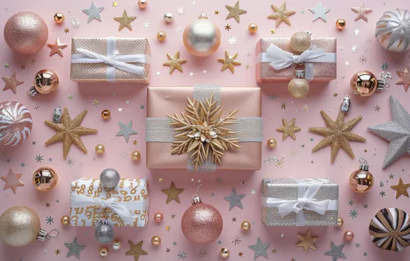 Stars, balls, Christmas, gifts, New year, gold plated, bows, pink background