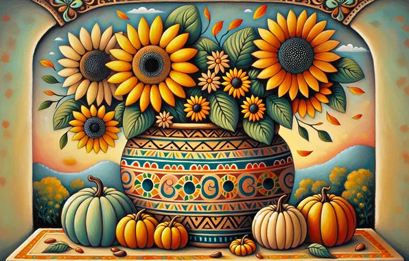 Autumn, sunflowers, flowers, table, pattern, bouquet, styling, harvest
