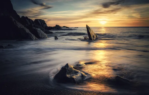 Sea, the sky, the sun, clouds, sunset, stones, rocks, shore
