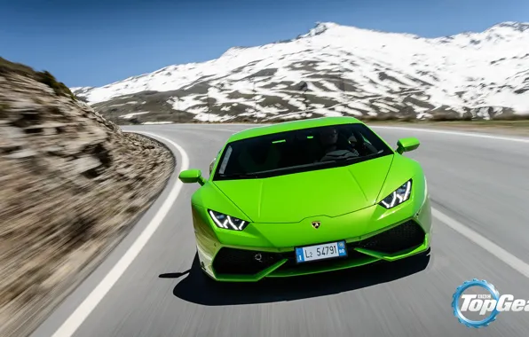 Picture Lamborghini, Top Gear, Green, Front, Supercar, Huracan, LP610-4, Mountain Road