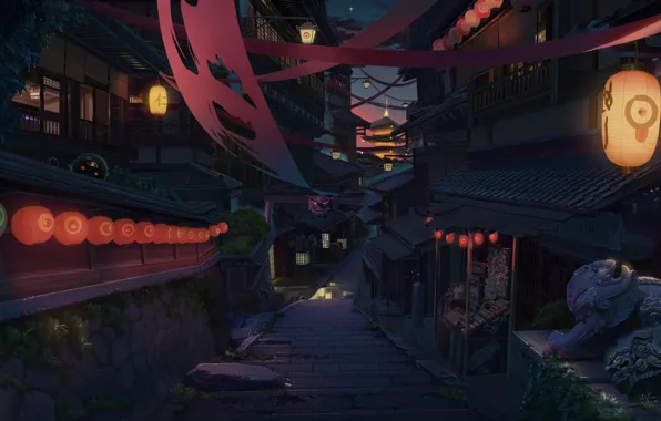 Night, street, ladder, statue, lanterns