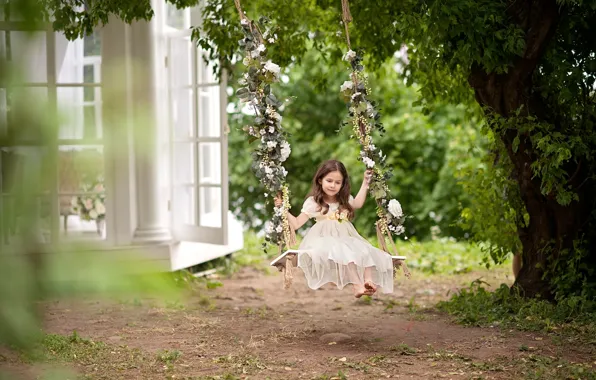 Summer, childhood, swing, tree, dress, girl, daydreaming, cottage