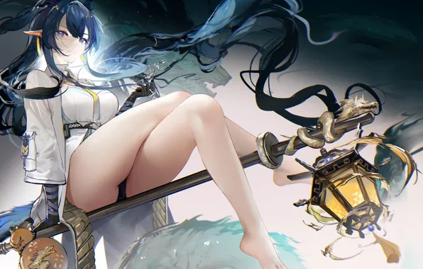 Girl, dragon, fantasy, lantern, cocktail, staff, Arknights, Ling