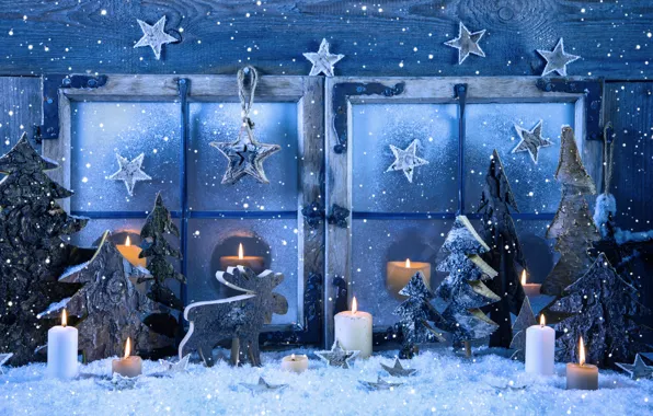 Picture winter, snow, decoration, snowflakes, New Year, window, Christmas, Christmas