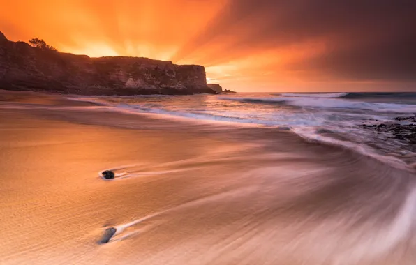 Sea, wave, beach, the sky, foam, the sun, rays, sunset