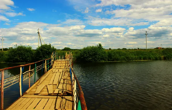 Greens, the sky, water, river, vegetation, Bridge, Kokshaga