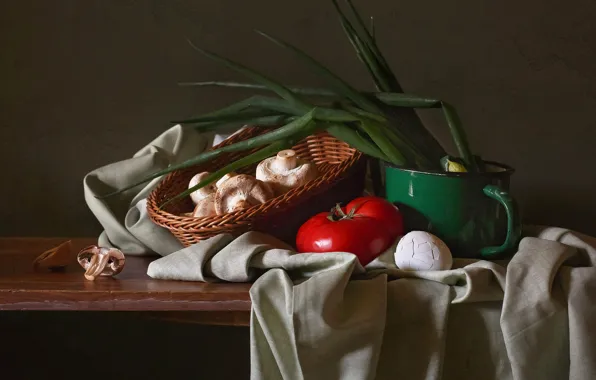 Red, green, table, mushrooms, egg, bow, mug, fabric