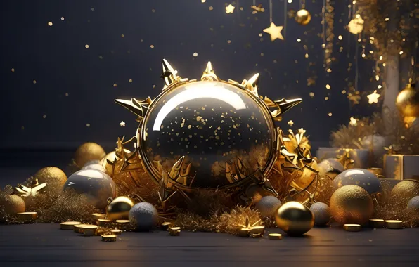 Stars, balls, glare, reflection, the dark background, table, gold, Shine