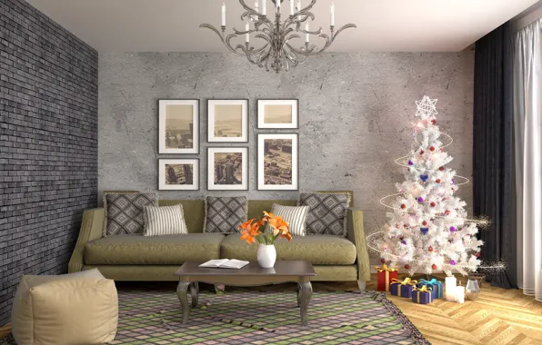 Picture decoration, room, sofa, graphics, tree, new year, interior, chandelier