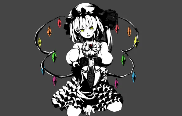 Grey background, red eyes, on my knees, flandre scarlet, vampire, project East, touhou project, by …