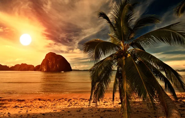 Picture sand, sea, beach, the sky, the sun, clouds, landscape, sunset