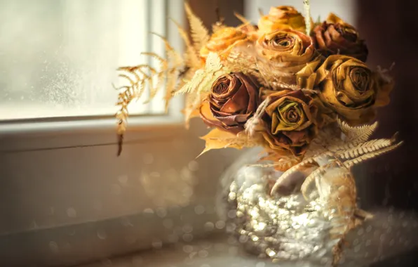 Picture light, flowers, roses, bouquet, yellow, dry, window, dry