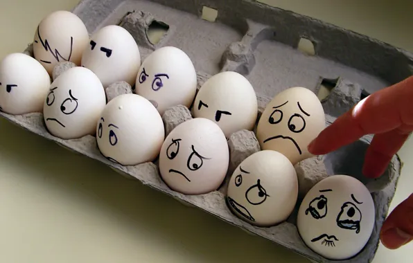 Picture emotions, fear, box, hand, eggs, tears