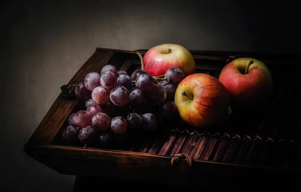 Apples, grapes, fruit, still life, table