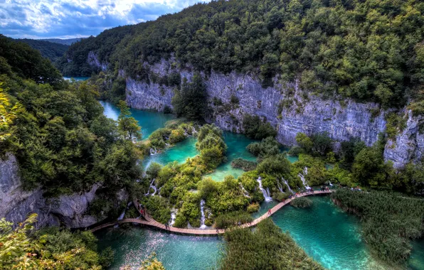 Forest, trees, mountains, rocks, lake, track, panorama, waterfalls