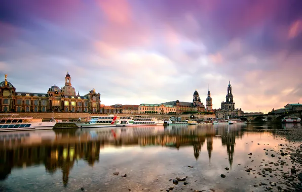 Picture the city, river, building, Marina, boats, morning, Germany, Dresden