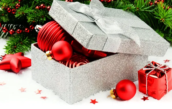 Balls, box, toys, tree, New Year, Christmas, red, Christmas