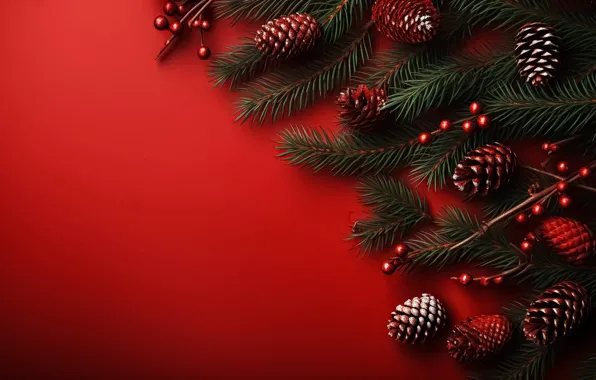Balls, branches, Christmas, red, New year, needles, bumps, red background
